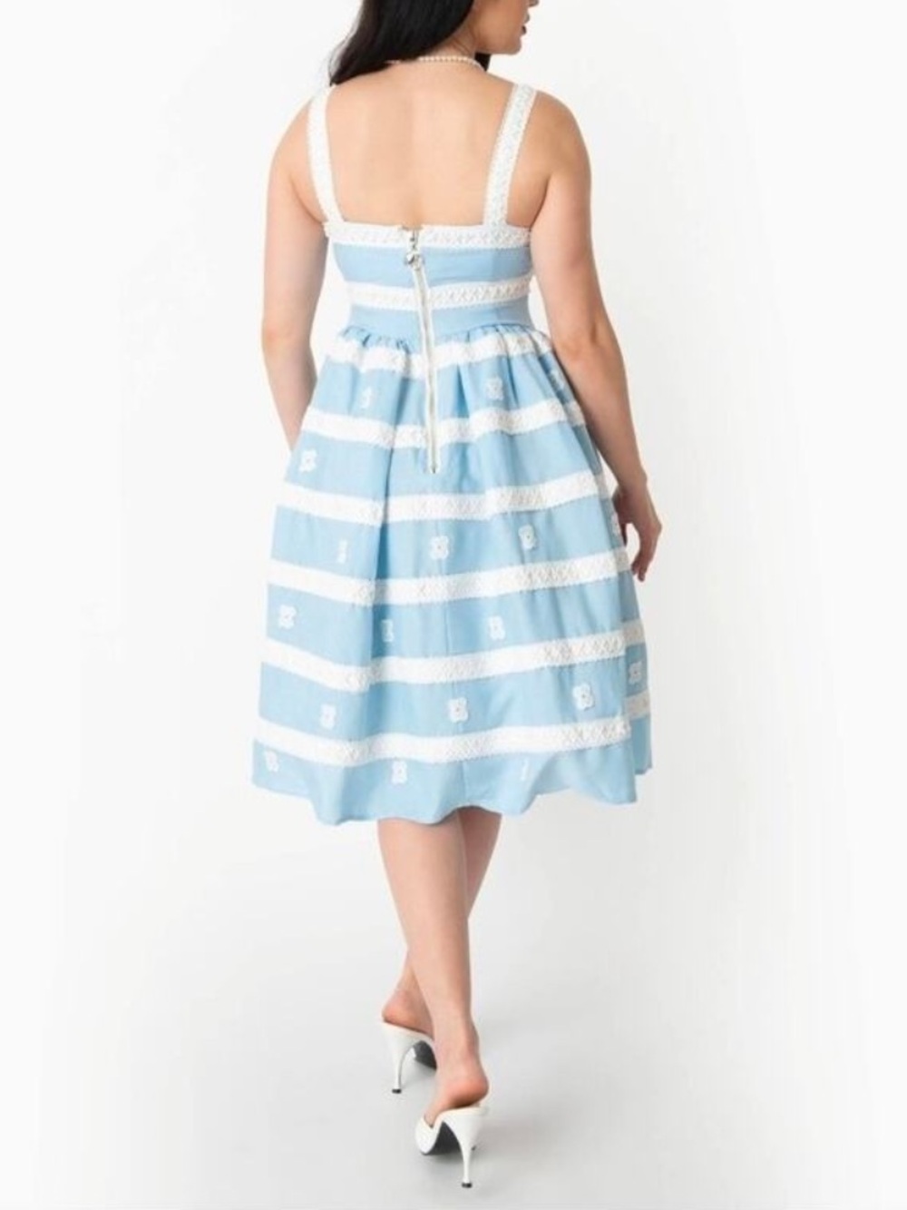 Barbie™ X Unique Vintage Blue & White Suburban Shopper 1959 Retro Sundress Sz 16 - Picture 6 of 12